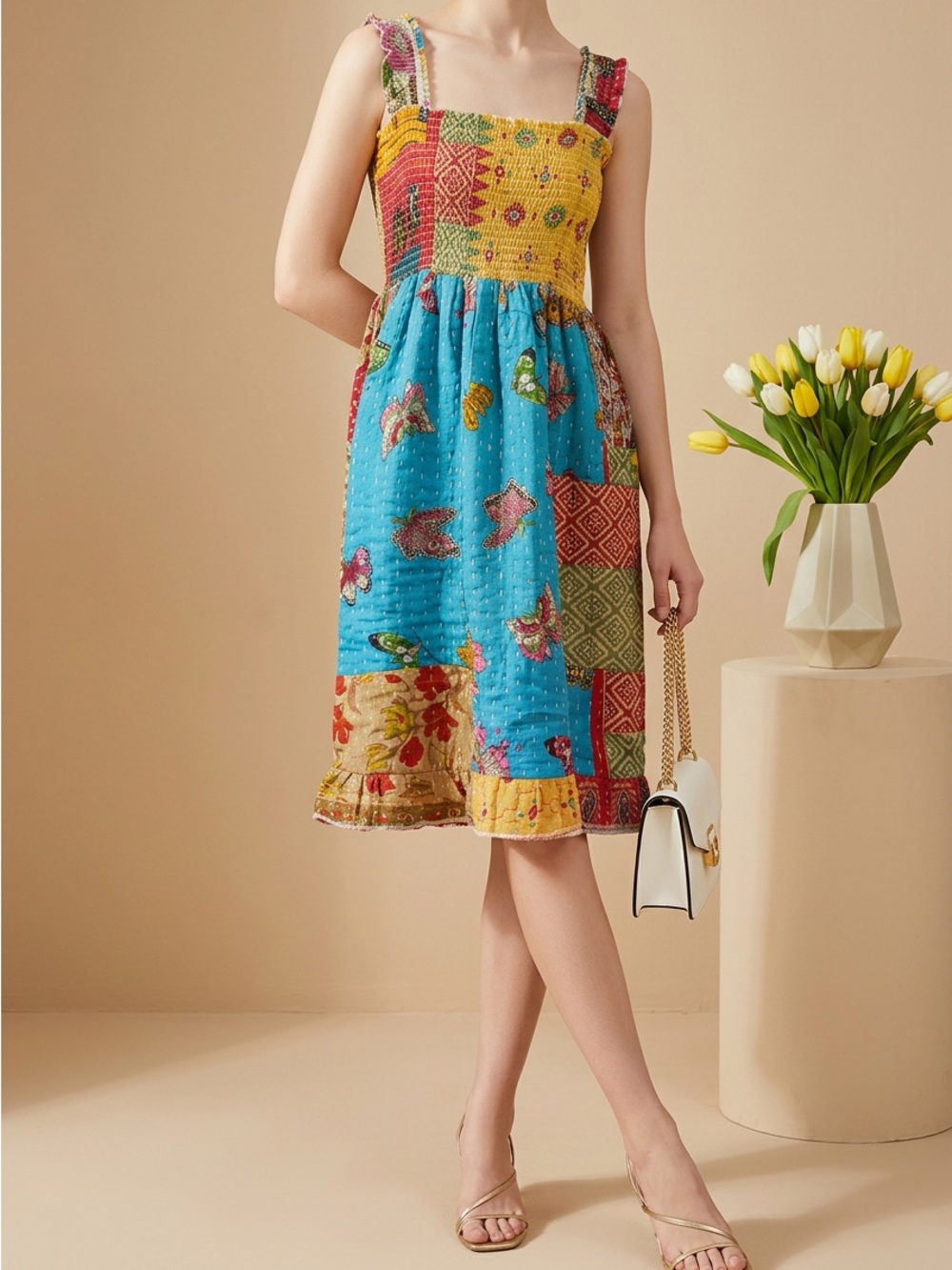 Butterfly Kantha Patchwork Dress in Blue &Yellow 100% cotton. One of a kind!